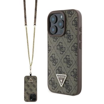 Guess Leather Metal Logo Strass Crossbody Case for iPhone 16 Pro Max - brown