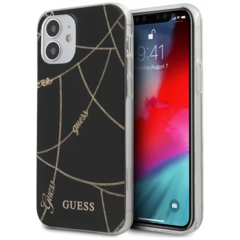 Guess iPhone 12 mini dėklas Gold Chain Collection, juodas