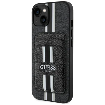 „Guess 4G Stripes“ dėklas su „MagSafe“ pinigine „iPhone 15“, juodas