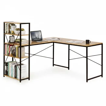 ModernHome Corner Desk with Bookshelf, Light Oak