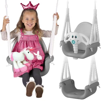 Ricokids 3-in-1 Elephant Toddler Bucket Swing, Grey-White