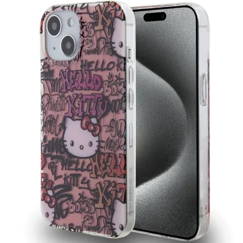 Hello Kitty iPhone 15 dėklas IML Tags Graffiti, rožinis