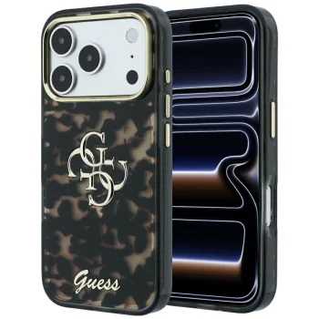 Guess IML 4G Script Metal dėklas iPhone 17 Pro Max / 18 Pro Max, juodas / rudas