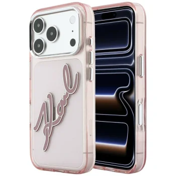 Karl Lagerfeld IML Big Signature Resin Metal Frame dėklas iPhone 18 Pro Max / 17 Pro Max, rožinis