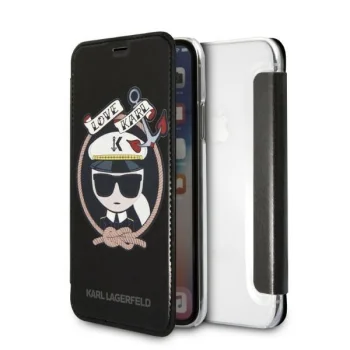 Karl Lagerfeld Signature Glitter atverčiamasis dėklas iPhone X / XS, juodas