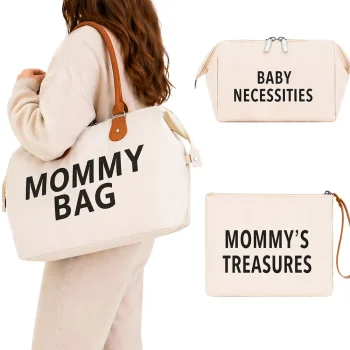Mamos krepšys Mommy Bag 3in1 su kosmetine ir organizatoriumi, smėlio spalvos