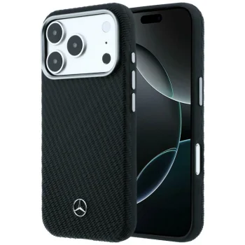 Mercedes Leather Semi Wrap Wood Effect MagSafe dėklas iPhone 17 Pro Max, juodas