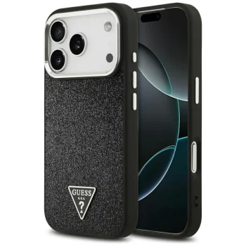Guess Glitter Triangle Logo MagSafe dėklas telefonui iPhone 17 Pro, juodas
