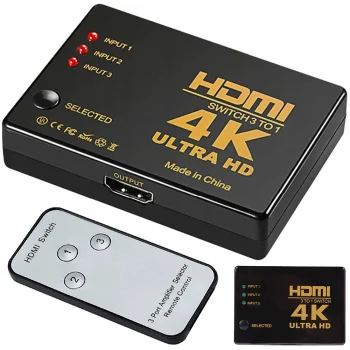 HDMI jungiklis daliklis 3x1 4K UHD su IR nuotolinio valdymo pultu