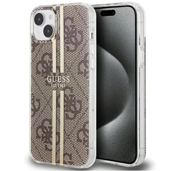 Guess iPhone 15 Plus Case IML 4G Gold Stripe, Brown