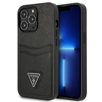 Apple iPhone 13 Pro Guess Saffiano Triangle Logo dėklas su kortelių skyriumi, juodas