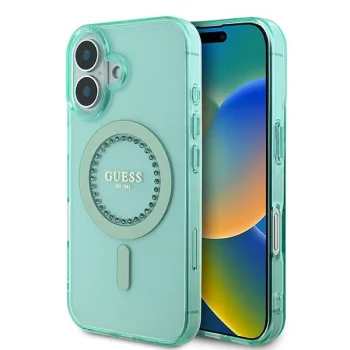 Guess dėklas iPhone 16 Plus telefonui IML Rhinestones MagSafe, žalias