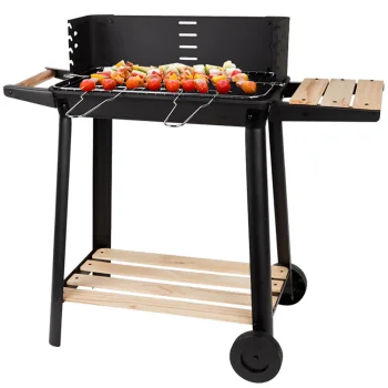 Large Charcoal Garden Grill with Shelves and Wheels, Black