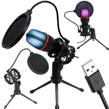 USB studijinis mikrofonas kompiuteriui su RGB ir stovu, kardioidinis, juodas/raudonas