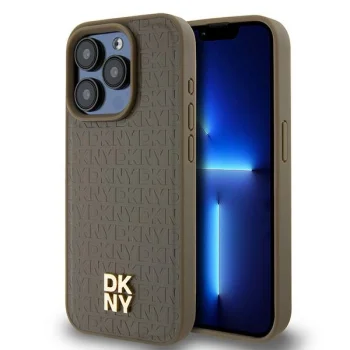 DKNY Leather Pattern Metal Logo MagSafe deklas, skirtas iPhone 14 Pro Max, rudas
