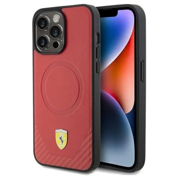 Ferrari Carbon Metal Logo MagSafe iPhone 15 Pro Max Case - Red