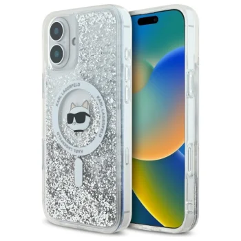 Karl Lagerfeld Liquid Glitter Choupette dėklas iPhone 16 telefonui, skaidrus