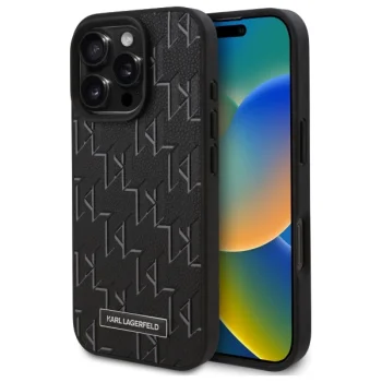 Karl Lagerfeld iPhone 16 Pro Max dėklas Leather Monogram Metal Logo MagSafe, juodas