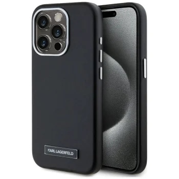 Karl Lagerfeld FW Metal Plate MagSafe dėklas telefonui iPhone 15 Pro Max 6.7", juodas