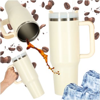 Termopuodelis su šiaudeliu ir rankena, 1200 ml, kreminės spalvos