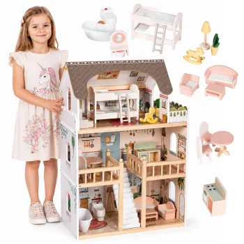Ecotoys Laura medinis lėlių namelis, 3 aukštai, 15 baldų