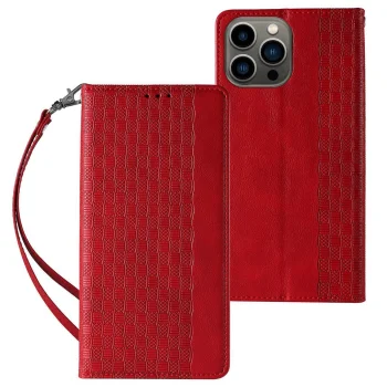 Knygutės tipo dėklas Magnet Strap Case skirtas iPhone 14 Pro Max su stovu, raudonas