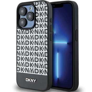DKNY iPhone 15 Pro Case Leather Printed Pattern Metal Logo MagSafe, Black