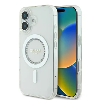 Guess IML Rhinestones MagSafe dėklas telefonui iPhone 16 Plus 6.7", baltas