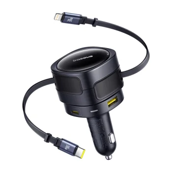 Baseus Enjoyment Max 90W automobilinis įkroviklis su ištraukiamais laidais, juodas