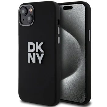 DKNY Liquid Silicone dėklas iPhone 15 / 14 / 13 su metaliniu logotipu, juodas
