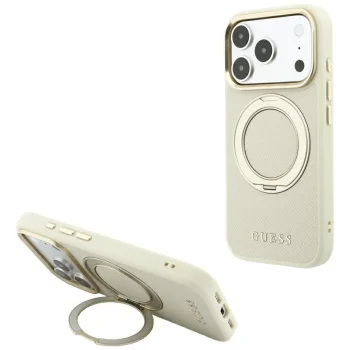 Guess Ring Stand 360 Grained Classic Logo MagSafe dėklas telefonui iPhone 18 Pro / 17 Pro, smėlio spalvos