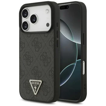 Dėklas iPhone 18 Pro / 17 Pro Guess Leather 4G Triangle Strass MagSafe, juodas