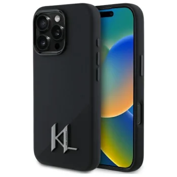 Karl Lagerfeld Silicone Shadow Metal Initial MagSafe Case for iPhone 16 Pro, Black