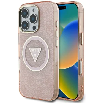 Guess iPhone 16 Pro Max Case IML Metal Glitter 4G Circle Triangle MagSafe, Pink