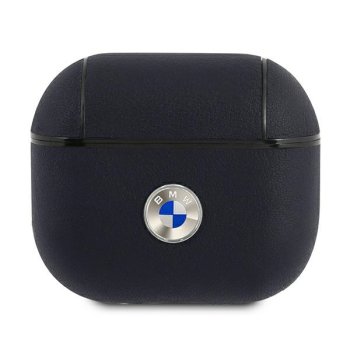 BMW Genuine Leather Silver Logo dėklas AirPods 3 ausinėms, tamsiai mėlynas