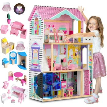 Medinis 3 aukštų lėlių namelis su liftu ir LED apšvietimu Ricokids, rožinis