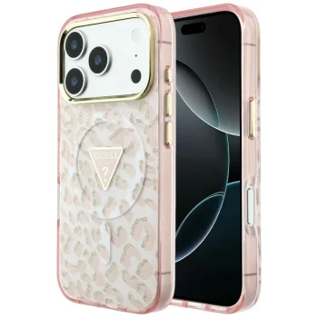 Guess IML Leopard Glitter Triangle Logo MagSafe dėklas iPhone 17/18 Pro Max, rausvas
