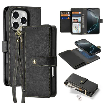 Dux Ducis Lawa odinis dėklas iPhone 16 Pro Max su atsegama pinigine, juodas