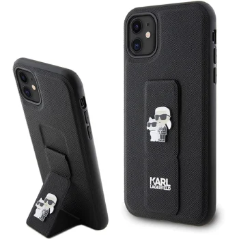 Karl Lagerfeld dėklas iPhone 11 telefonui Gripstand Saffiano Karl & Choupette, juodas