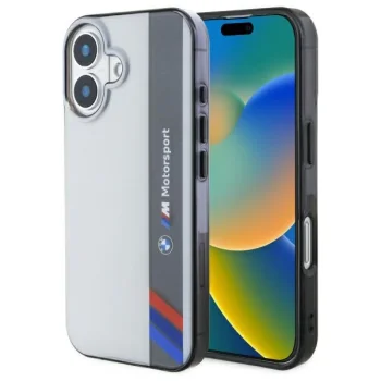 BMW dėklas iPhone 16 telefonui Motorsport IML Vertical Stripe, pilkas