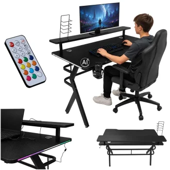 Kompiuterinis žaidimų stalas su lentyna ir RGB LED apšvietimu 120 x 60 cm, juodas