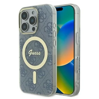 Guess dėklas iPhone 16 Pro telefonui IML 4G MagSafe, mėlynas