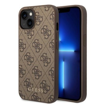 Guess dėklas iPhone 15 Plus telefonui 4G Metal Gold Logo, rudas
