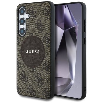 Guess 4G Round Patch Classic Logo MagSafe dėklas Samsung Galaxy S25 Plus, rudas