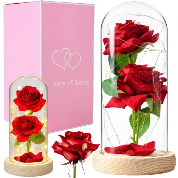 Eternal Rose in Glass with Glowing LED Light (Two Red Roses)