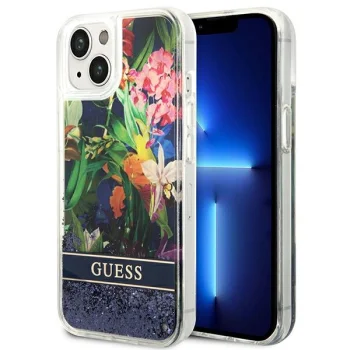 Guess Flower Liquid Glitter dėklas telefonui iPhone 14 Plus, mėlynas