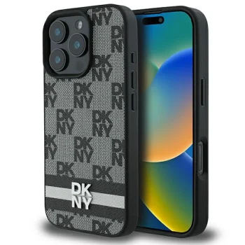 DKNY dėklas iPhone 16 Pro su šachmatiniu raštu ir juostelėmis, juodas