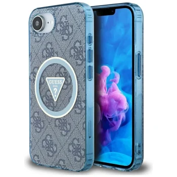 Guess IML Metal Glitter 4G Circle Triangle MagSafe dėklas iPhone 16e, mėlynas