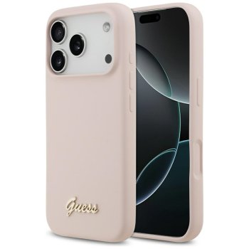 Guess Silicone Script Metal Logo MagSafe dėklas iPhone 17 Pro, rožinis