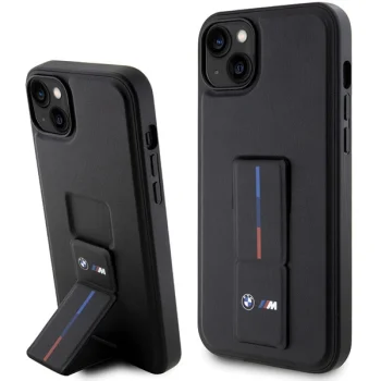 BMW dėklas iPhone 14 / 15 / 13 su Grip Stand Hot Stamp rankenėle, juodas